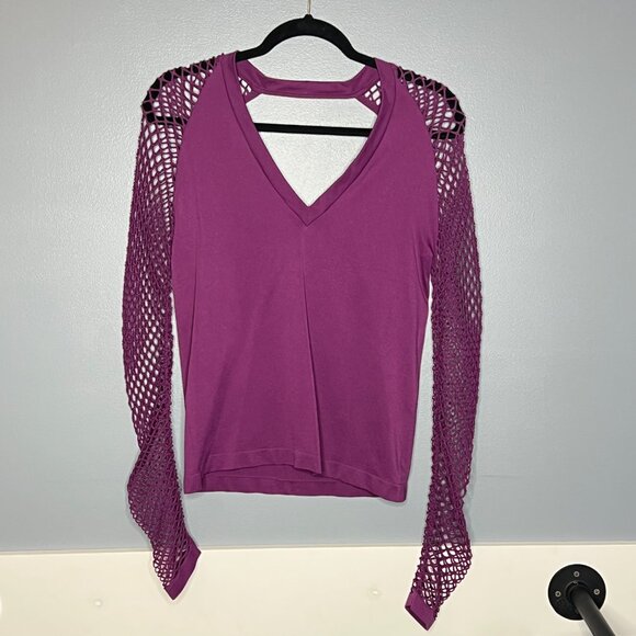 Venus Purple Mesh Sleeve Cutout Back Long Sleeve Stretch Top Sexy Night Out L - Picture 2 of 4